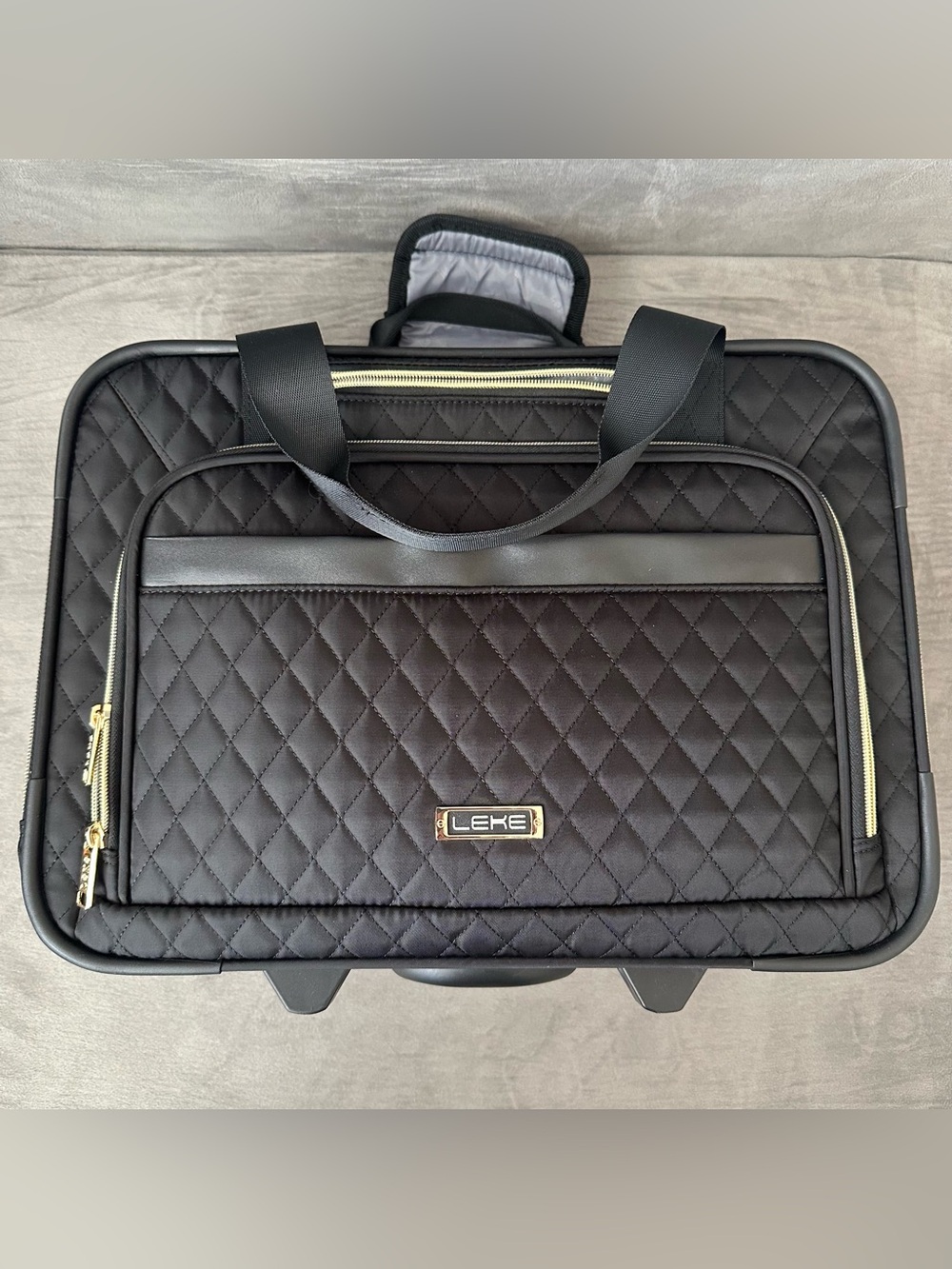 Quilted Black Laptop Travel Bag Gold Zippers Expandable Handle w/ Wheels Leke